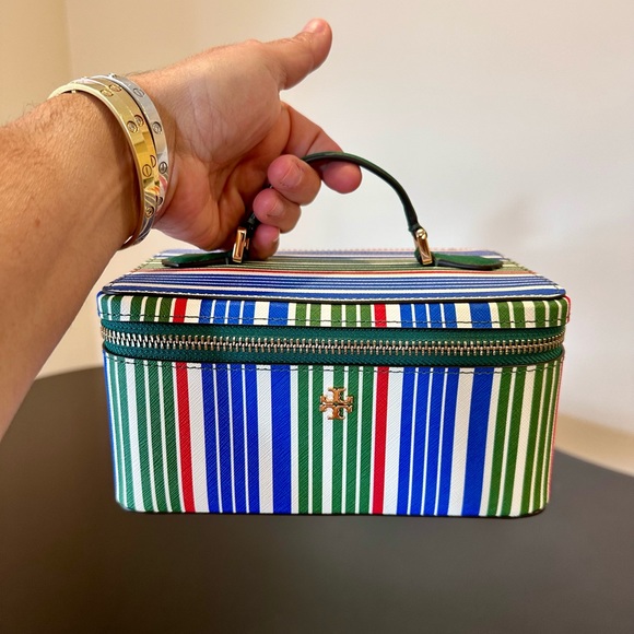 NWT AUTHENTIC RARE preppy Tory Burch Robinson Stripe Large Cosmetic Case/bag - Picture 4 of 17